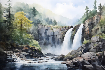 Fototapeta na wymiar watercolour painting of the mountain waterfall landscape, a picturesque natural environment in soft harmonious colours
