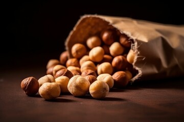 AI generated illustration of nuts laid out in front of a brown paper bag on a wooden table