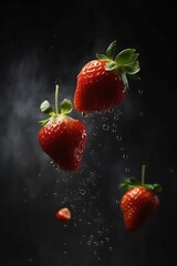 AI generated illustration of fresh, ripe red strawberries submerged in a pool of crystal clear water