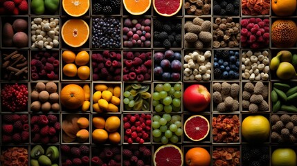 AI generated illustration of A vibrant assortment of fruits and vegetables in a cardboard box - obrazy, fototapety, plakaty