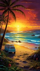 Vibrant tropical sunset, palm trees silhouette, blue van parked on sandy beach. Travel and nature. - obrazy, fototapety, plakaty