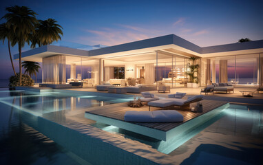 Fototapeta premium Super luxurious house with swimming pool and terrace in modern design.