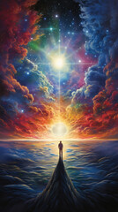 Fototapeta premium Vibrant cosmic cloudscape, man stands atop peak gazing at radiant stars. Exploration and wonder.