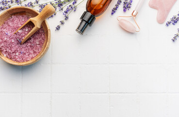 Lavender spa. Lavender salt, natural essential oil and fresh lavender