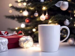 mockup coffee cup with christmas lightings, generative Ai