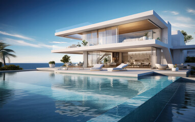 Fototapeta premium Super luxurious house with swimming pool and terrace in modern design.