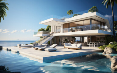 Fototapeta premium Super luxurious house with swimming pool and terrace in modern design.