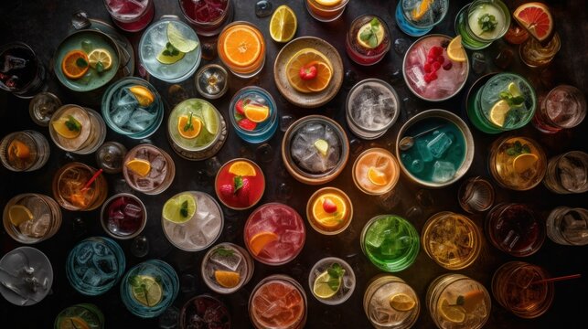 many glasses of different colors and sizes with drinks in them