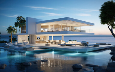 Fototapeta premium Super luxurious house with swimming pool and terrace in modern design.
