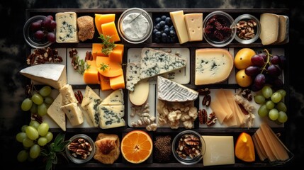 AI generated illustration of a serving tray with a variety of cheeses and fruits in small dishes - obrazy, fototapety, plakaty