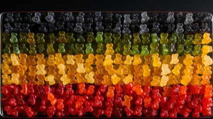AI generated illustration of an array of colorful gummy bears on a tray