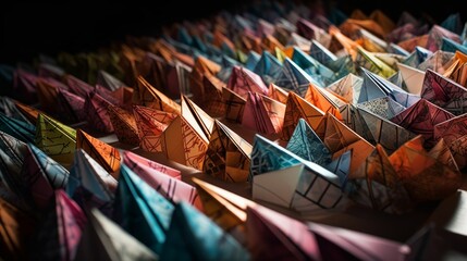 AI generated illustration of a colorful stack of origami birds - obrazy, fototapety, plakaty