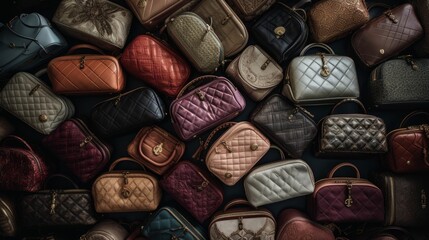 AI generated illustration of a group of colorful leather handbags in a pile - obrazy, fototapety, plakaty