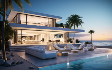 Fototapeta premium Super luxurious house with swimming pool and terrace in modern design.