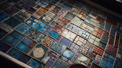 AI generated illustration of an assortment of blue tiles with various patterns