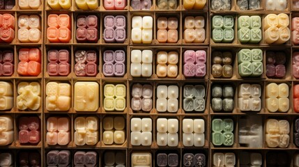 Obraz na płótnie Canvas AI generated illustration of an assortment of colorful soap bars neatly arranged in a row