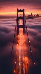 AI generated illustration of A scenic view of a bridge covered in fog