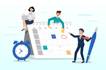 Businessman and businesswoman working on calendar planner to schedule and organize work, schedule calendar, team meeting or appointment, project planning or time reminder, manage timeline (Vector)