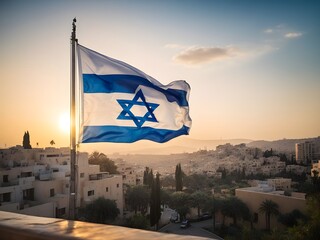 Flag of Israel waving in the wind on a background of the sunset