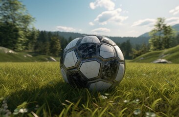 AI generated illustration of a weathered soccer ball situated amongst a lush green grassy field