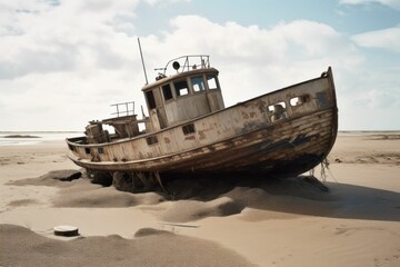 AI generated illustration of a rustic abandoned old sailboat partially submerged in the sand