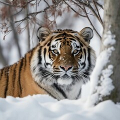 Fototapeta na wymiar AI generated illustration of a majestic tiger in a winter forest, gazing directly at the camera