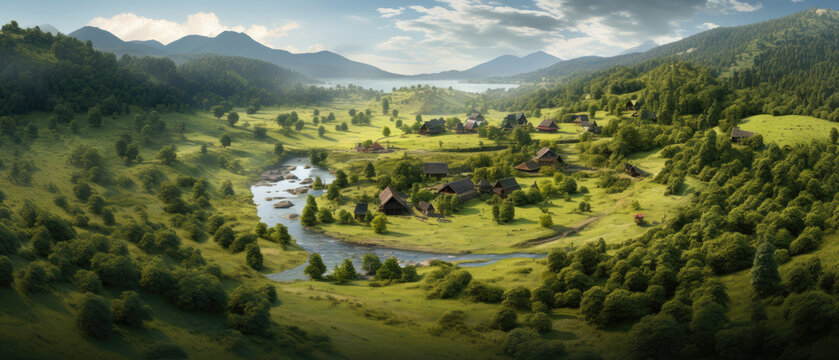 Aerial view of a small urban area with lots of green trees and wild nature