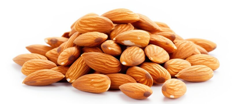 Isolated honey and almond nuts or badam on a white background Represents the idea of superfood nutritious snacks and traditional sunnah food