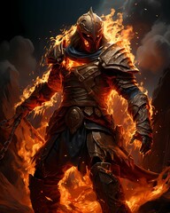 AI generated illustration of a knight holding a sword surrounded by flames - obrazy, fototapety, plakaty