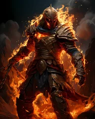 Foto op Plexiglas AI generated illustration of a knight holding a sword surrounded by flames © Wirestock