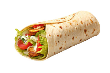 Tortilla wrap with fried chicken meat and vegetables isolated on transparent background - obrazy, fototapety, plakaty