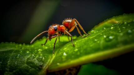 AI generated illustration of a red ant on a green leaf, with raindrops glistening on its surface