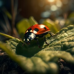 Fototapeta premium AI generated illustration of a ladybug on a lush green leaf