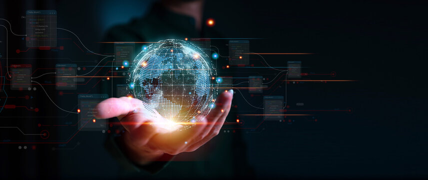 Businessman hand holding the earth global virtual shown corporate future growth year 2023 to 2024. New Goals with Plans and Visions for Next Year 2024, Opportunity, challenge and business strategy.