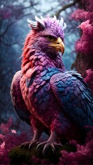 Fototapeta premium a bird sitting on top of a tree branch with pink flowers