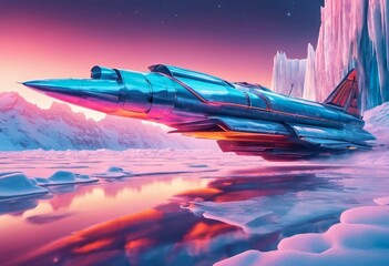AI generated illustration of a spaceship atop a snow-covered landscape, with a frozen lake