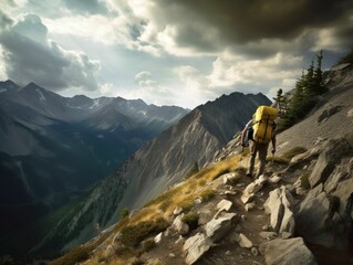 AI generated illustration of a hiker trekking rocky hills under a stormy sky