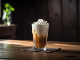AI generated illustration of a glass of delicious iced coffee with cream on the table