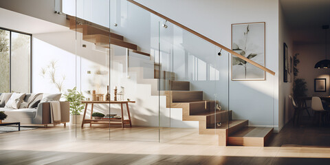 A interior design element featuring glass fencing and wooden stairs,glass fencing, wooden stairs, interior design, modern, contemporary, Modern Interior Design with Glass Railing and Timber Steps - obrazy, fototapety, plakaty