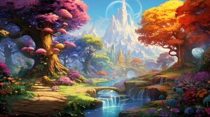 Obraz na płótnie Canvas Colorful flora surrounds luminous castle with towering spires. Fantasy architecture.