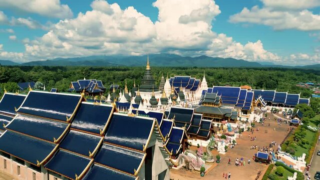 4K Cinematic nature aerial drone footage of the beautiful temple of Wat Ban Den next to Chiang Mai, Thailand on a sunny day