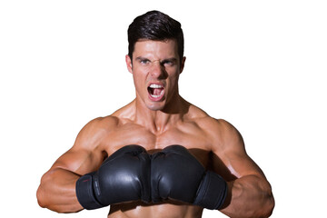 Digital png photo of caucasian male boxer with boxing gloves on transparent background