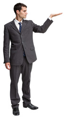 Digital png photo of caucasian businessman standing with hand up on transparent background