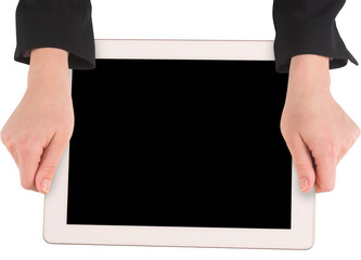 Digital png photo of hands of caucasian businesswoman holding tablet on transparent background