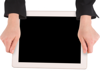 Digital png photo of hands of caucasian businesswoman holding tablet on transparent background