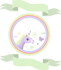 Digital png illustration of ribbon banners and unicorn in rainbow circle on transparent background