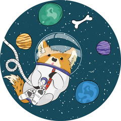 Digital png illustration of fox astronaut, planets and bone on transparent background