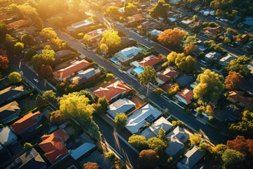 Obraz na płótnie Canvas aerial view of suburban fall trees at sunset, united states
