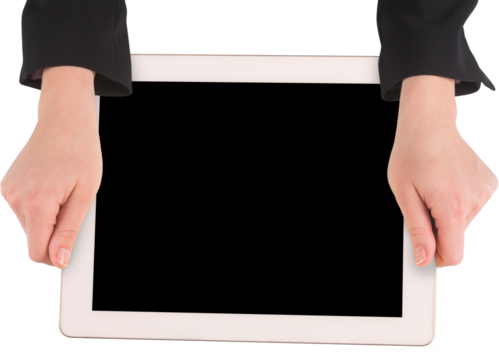 Digital png photo of hands of caucasian businesswoman holding tablet on transparent background