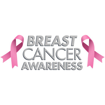 Digital png illustration of breast cancer awareness text with pink ribbons on transparent background